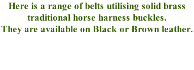 Here is a range of belts utilising solid brass traditional horse harness buckles. They are available on Black or Brown leather.